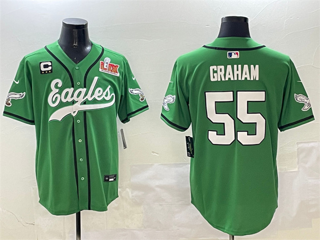 Men's Philadelphia Eagles #55 Brandon Graham Green 2025 Super Bowl LIX And 3-Star C Patch Stitched Baseball Jersey Men's Philadelphia Eagles #55 Brandon Graham Green 2025 Super Bowl LIX And 3-Star C Patch Stitched Baseball Jersey